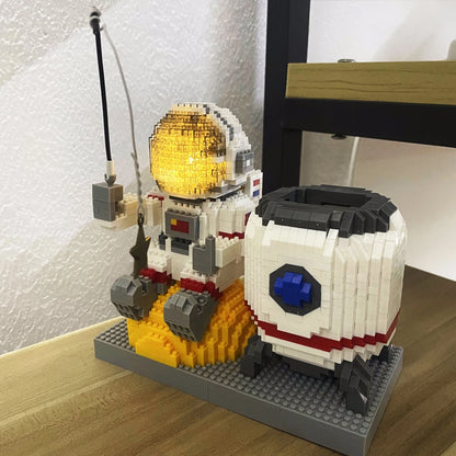 Astronaut Series Micro Mini Building Blocks with LED Lights, Enhances Desk Aesthetics, Pen Holder Assemble Brilliance the Cosmos