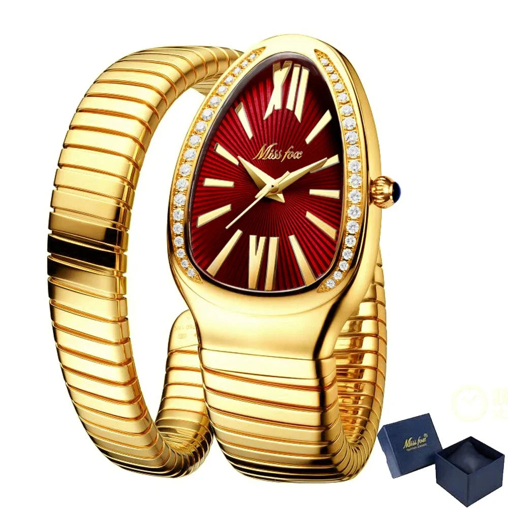 Elegant Snake Shape Women’s Watch - Gold & Silver Scalable Bracelet with Bling Diamonds, Quartz Ladies Wristwatch