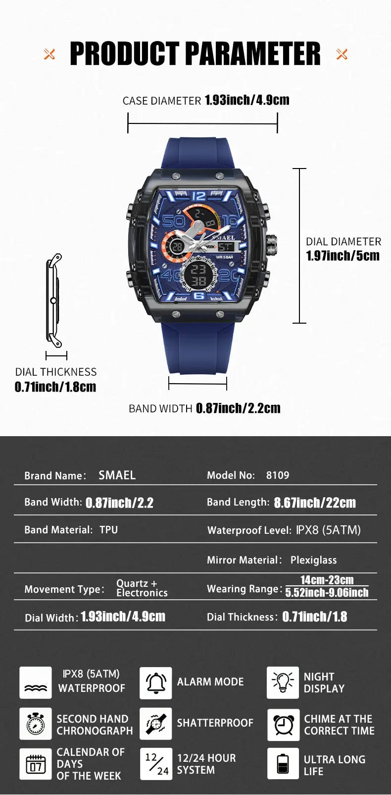 SMAEL 8109 Digital Watch Men Outdoor Sport 5ATM Waterproof LCD Electronic Male Quartz Watches for Men's Chronograph Wristwatch