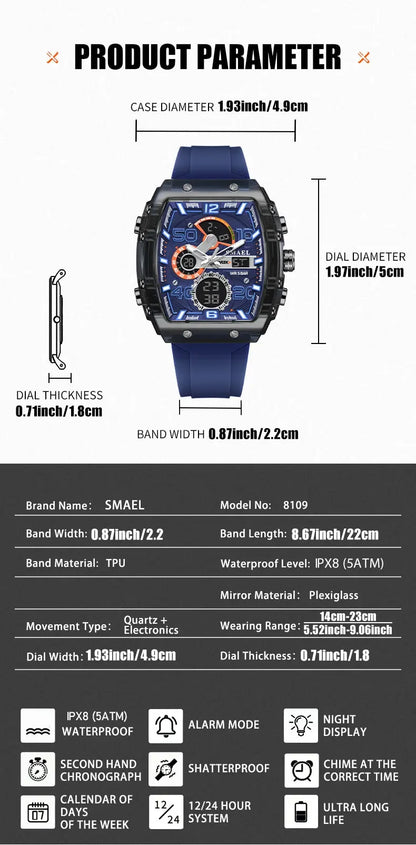 SMAEL 8109 Digital Watch Men Outdoor Sport 5ATM Waterproof LCD Electronic Male Quartz Watches for Men's Chronograph Wristwatch