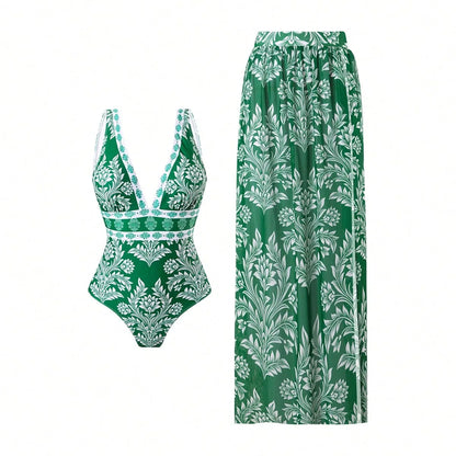 Blue One-Shoulder Ruffled Print Floral Swimsuit Set Cover Up Single Piece Micro Monokini Sexy Swimwear For Girls Summer Beach