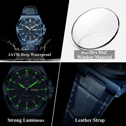 POEDAGAR Fashion Brand Man Wristwatch Waterproof Luminous Date Week Quartz Luxury Men's Watches Leather Business Men Watch Reloj