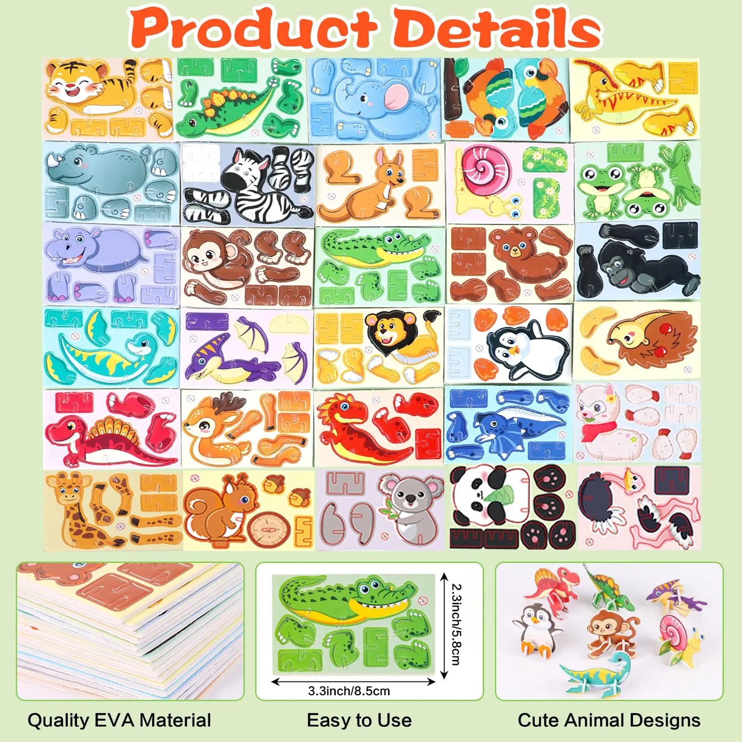 30pcs/set 3D Cartoon Puzzles Educational Toys Insect, Dinosaur, Animal, and Vehicle Themes 3D DIY Cardboard Puzzles