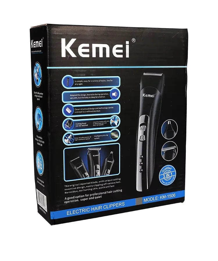 Kemei KM-1506 3 in 1 Electric Hair Clipper USB Charging Shaver Rechargeable Nose Hair Trimmer Professional Shaving Machine