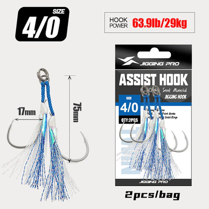 JIGGING PRO Twin Assist Hooks 1/0 2/0 3/0 4/0 Double Barbed BKK High Carbon Steel Fishing Hook With Glow Feather Jigging Hook