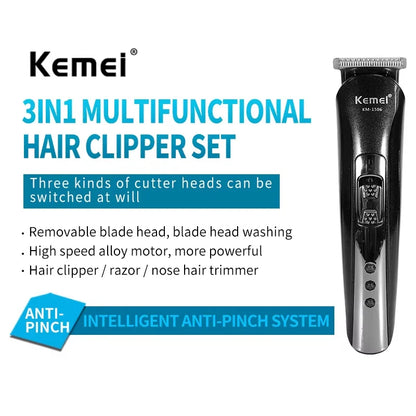 Kemei KM-1506 3 in 1 Electric Hair Clipper USB Charging Shaver Rechargeable Nose Hair Trimmer Professional Shaving Machine