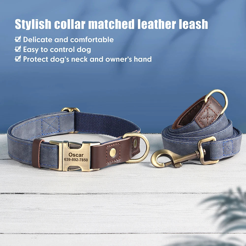 Personalized Dog Collar Leash PU Leather Dog Collars With Walking Lead Rope Free Custom Pet ID Necklace for Small Large Dogs Pug