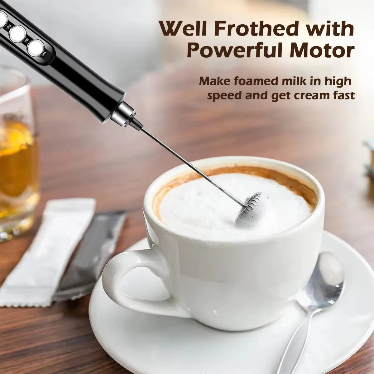 Wireless Rechargeable Electric Milk Frother - 3 Speeds, Handheld Foam Maker for Latte, Cappuccino, Hot Chocolate - USB Rechargea