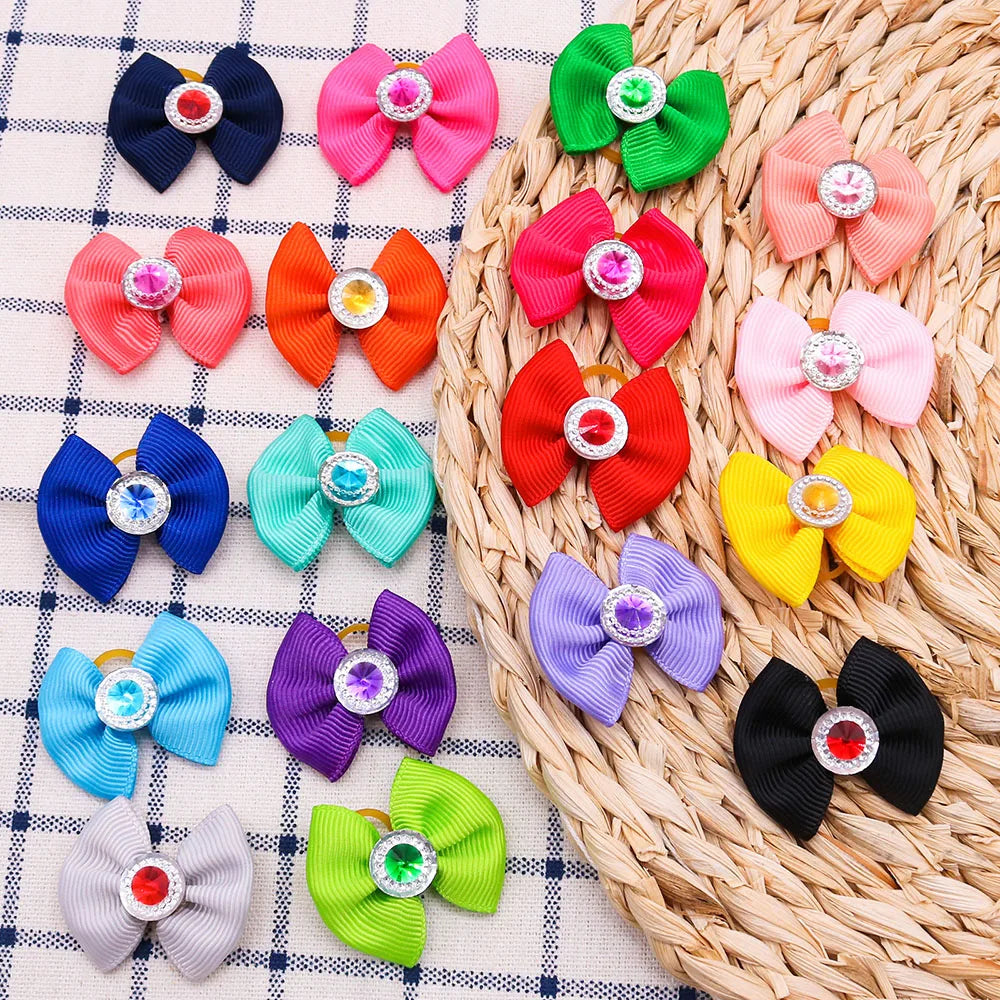 20pcs Dog Hair Bows Dog Bows with Diamond Colorful Grooming Rubber Band for Small Dog Pet Girls Grooming Hair Accessories