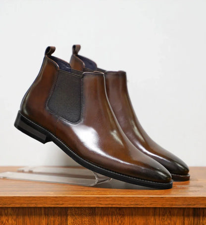 Men's Brown Pointed Toe Dress Boots - Handmade Chelsea Slip-Ons