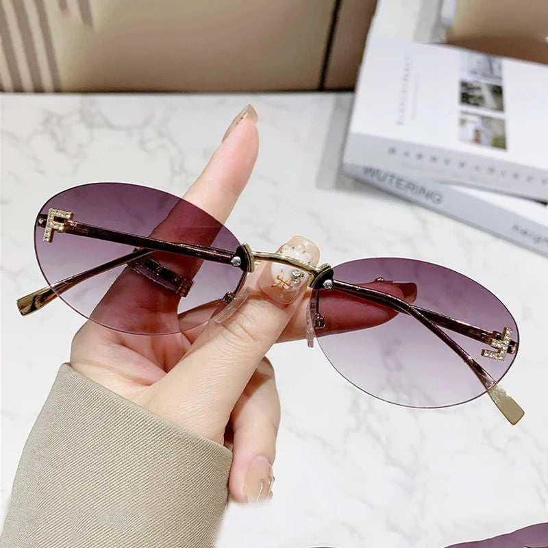 Fashion Rimless Sunglasses Women UV400 Oval Elegant Diamond F Sun Glasses Retro Eyewear