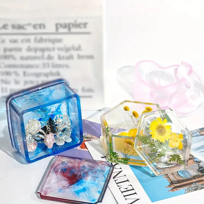 DIY Silicone Jewelry Box Mold Heart Hexagon Flower Storage Boxs Molds with Lid Epoxy Resin Mould Casting Crafting Macking Tool