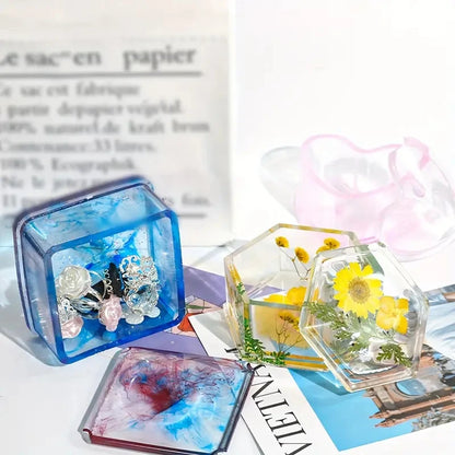 DIY Silicone Jewelry Box Mold Heart Hexagon Flower Storage Boxs Molds with Lid Epoxy Resin Mould Casting Crafting Macking Tool