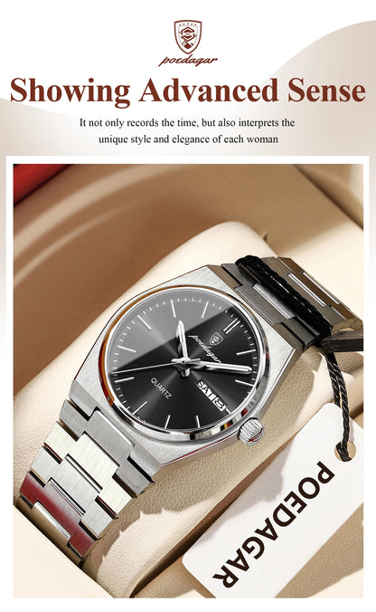 POEDAGAR Elegant Woman's Watch Date Week Waterproof Luminous Ladies Clock Quartz Stainless Steel Fashion Watches For Women Reloj