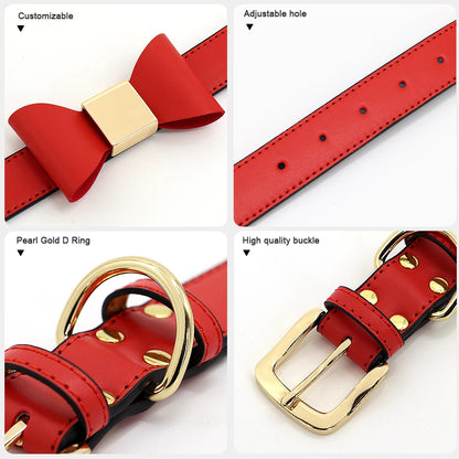 Custom PU Leather Dog Collar Soft Bowknot Pet Collars Engraved Name Puppy Cat Necklace Anti-lost for Small Medium Large Dogs Pug