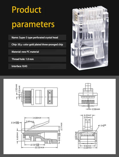 50 PCs RJ45 Connector Cat6 Connector Network Unshielded RJ45 Perforated Crystal Head Network Cable