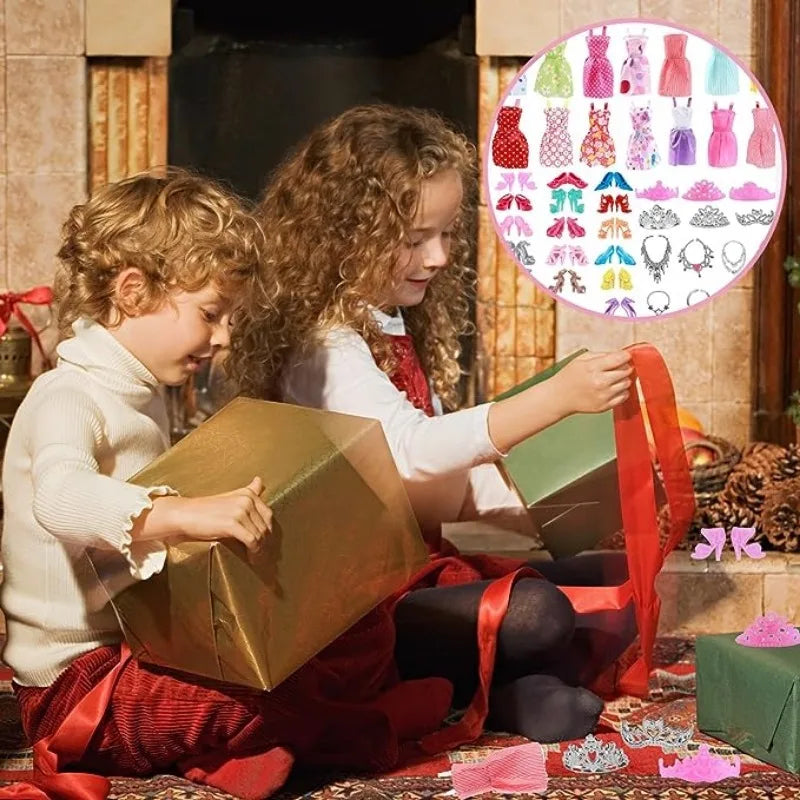 32 pcs Random Doll Clothes and Accessories, 10pcs Fashion Dresses 22pcs Shoes, Glasses, Necklaces, Handbag for Barbie Doll