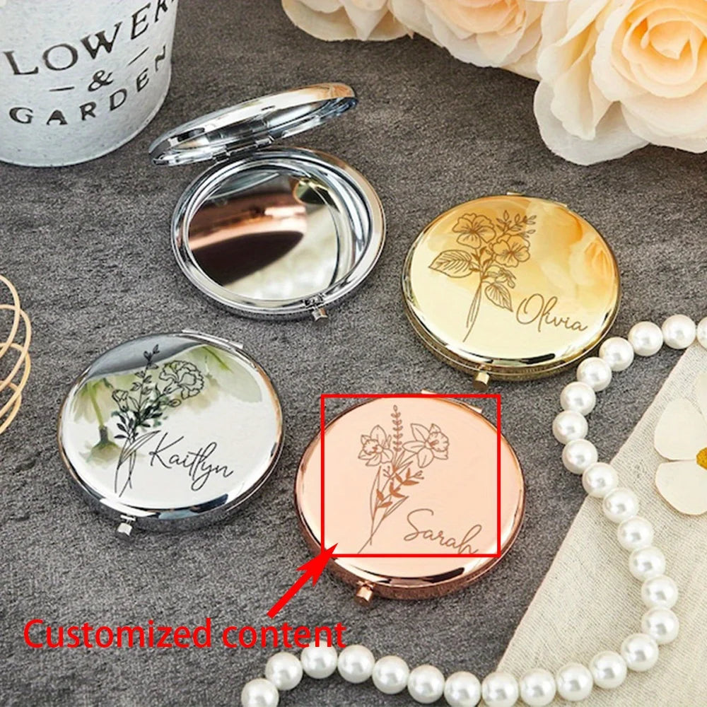 Engraved Compact Mirror with Birth Flower Design Elegant Portable Pocket Mirror for Her Custom Name Personalized Birthday Gift