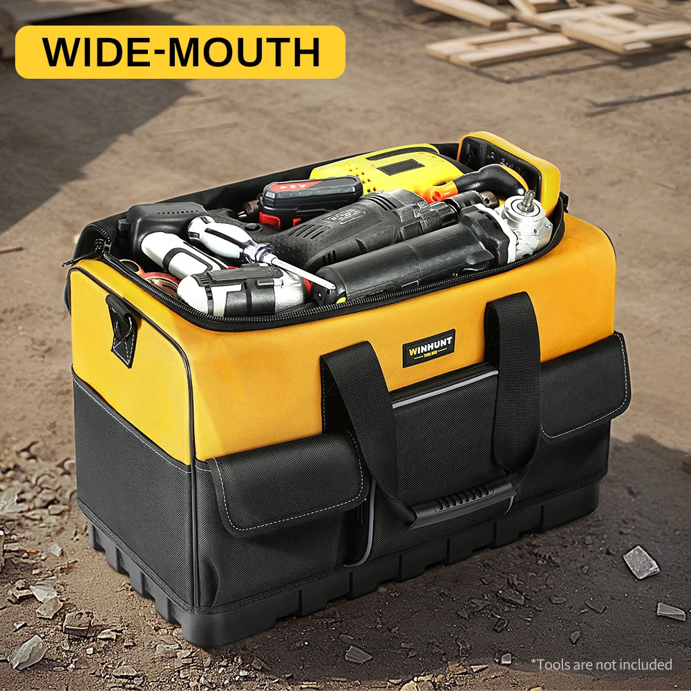 WINHUNT Heavy-Duty Tool Bag with Wide Mouth & Molded Bottom - Adjustable Shoulder Strap, Durable Polyester, Yellow/Black