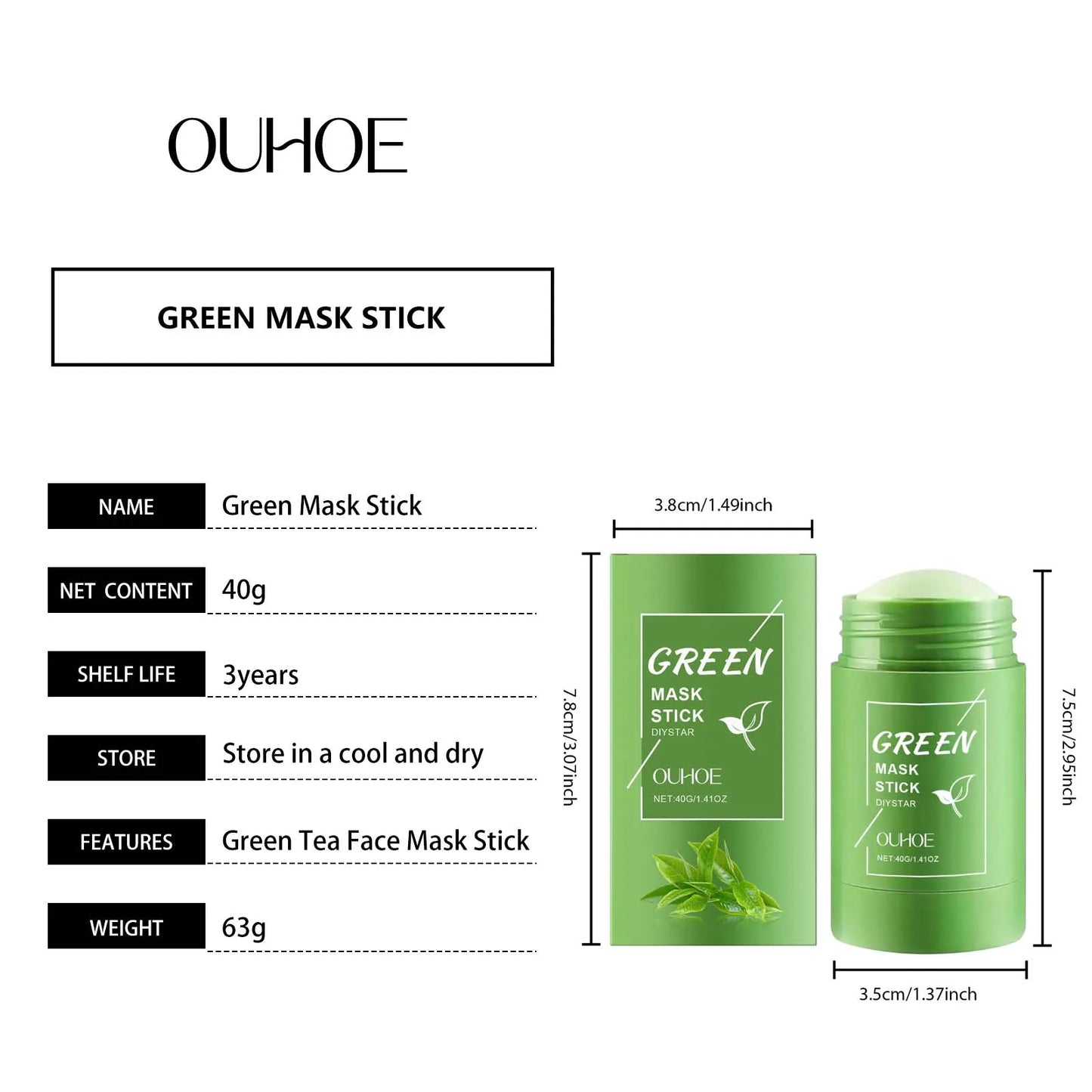 1~5PCS Green Tea Clay Stick For Face Green Mask Stick Smear Acne Shrink Blackhead Green Tea Extract Facial Mask Pore Cleansing