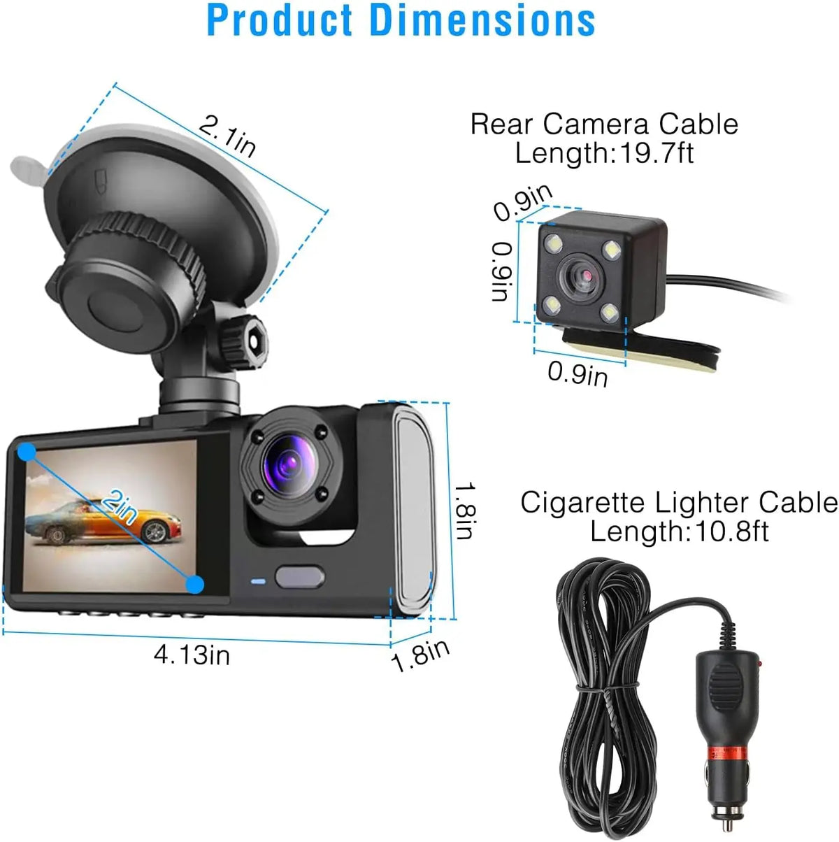 Wifi 3 Channel Dash Cam Night Vision Loop Recording & 2" IPS Screen 1080P 2/3Camera DVR Recorder, Video Recorder, Vehicle DVR