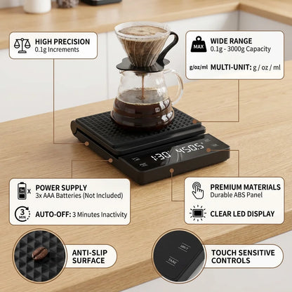 3kg/0.1g Coffee Scale with Timer Kitchen Tools Digital Multifunction Weighing Scale Pour Over Drip Espresso Scale LCD Display