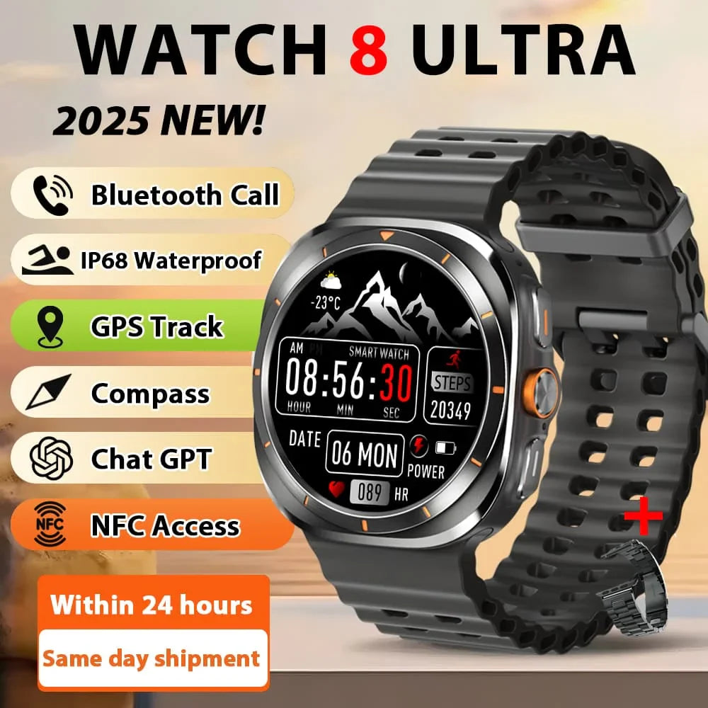 Smart Watch 8 Ultra 2025 Color Matching GPS Compass Smart Watch BT call NFC IP68 Waterproof 4GB Health monitoring Reduction 100%