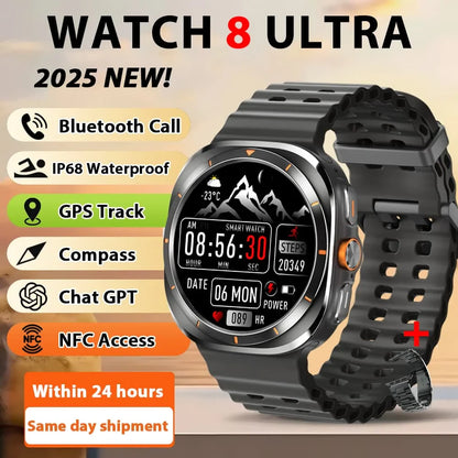 Smart Watch 8 Ultra 2025 Color Matching GPS Compass Smart Watch BT call NFC IP68 Waterproof 4GB Health monitoring Reduction 100%