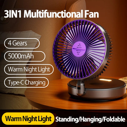 2024 New Rechargeable 3IN1 Multifunctional Portable Fan Wall Mounted Fan 90° Folding Fan 4 Gears With Warm Night Light