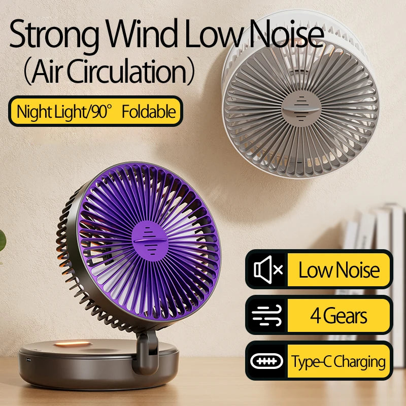 2024 New Rechargeable 3IN1 Multifunctional Portable Fan Wall Mounted Fan 90° Folding Fan 4 Gears With Warm Night Light