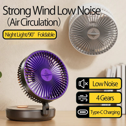 2024 New Rechargeable 3IN1 Multifunctional Portable Fan Wall Mounted Fan 90° Folding Fan 4 Gears With Warm Night Light