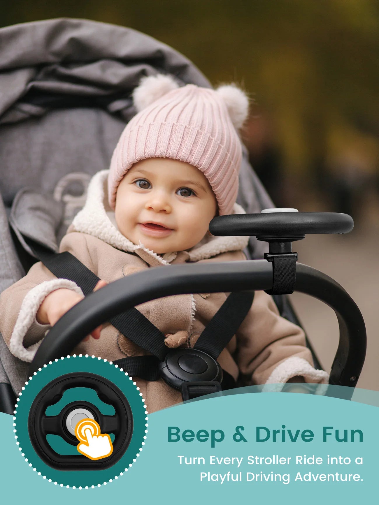 Stroller Steering Wheel Accessory with Honking Sound & 360° Rotation, Engaging Baby Travel Stroller Attachment to Calm Fussy Rid