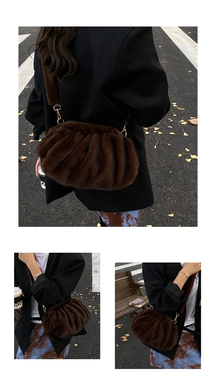 Cute and Versatile Winter Crossbody Bags Mink Fur Wrinkle Relaxed Texture Cloud Shell Bag Women Fashion Tote Shoulder Bag