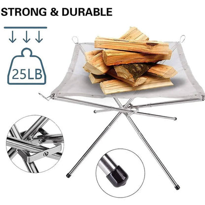 Portable Outdoor BBQ Bonfire Rack, BBQ Fire Pit Grill, Stainless Steel Mesh Fire Pit Wood Stove Stand, Foldable Fire Frame Rack