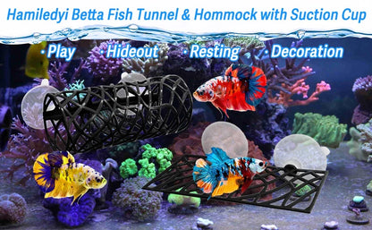 Betta Fish Hideout Cave with Hammock Bed Hollow Tunnel Fish Tank Accessories Aquarium Decorations for Crayfish Shrimp Small Fish