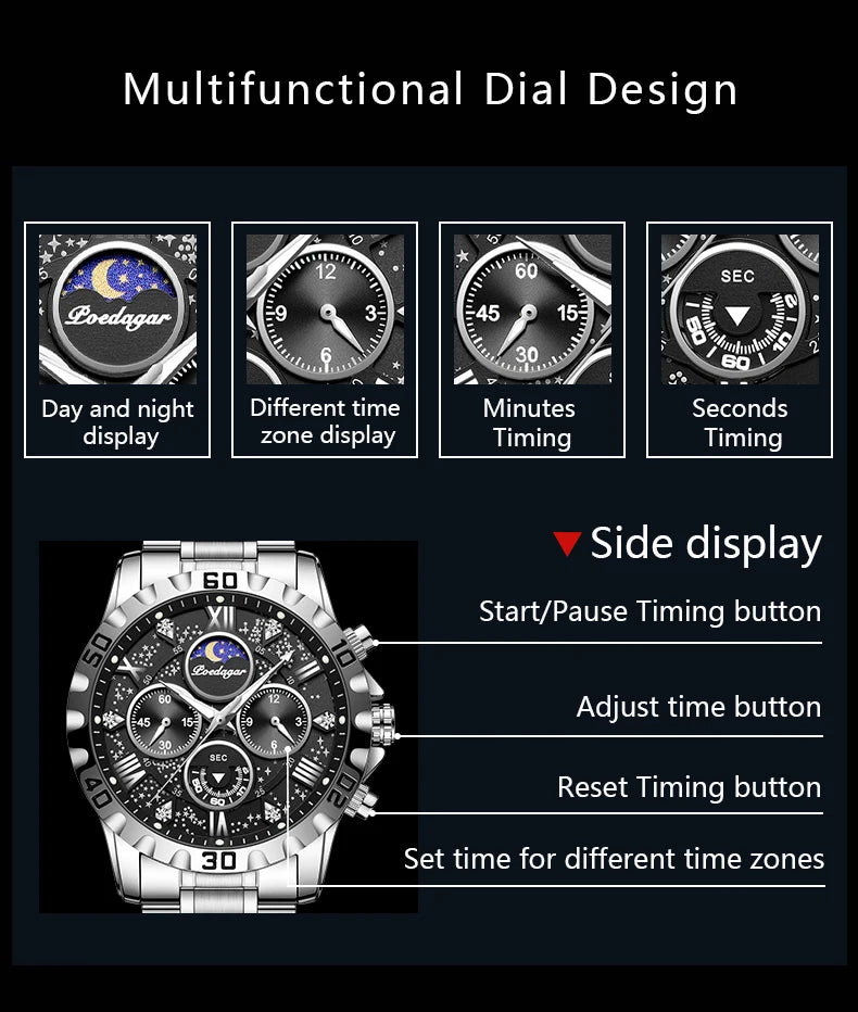 POEDAGAR Luxury Man Watch Waterproof Luminous Stainless Steel Quartz Men's Wristwatch Chronograph Military Watches For Men Reloj
