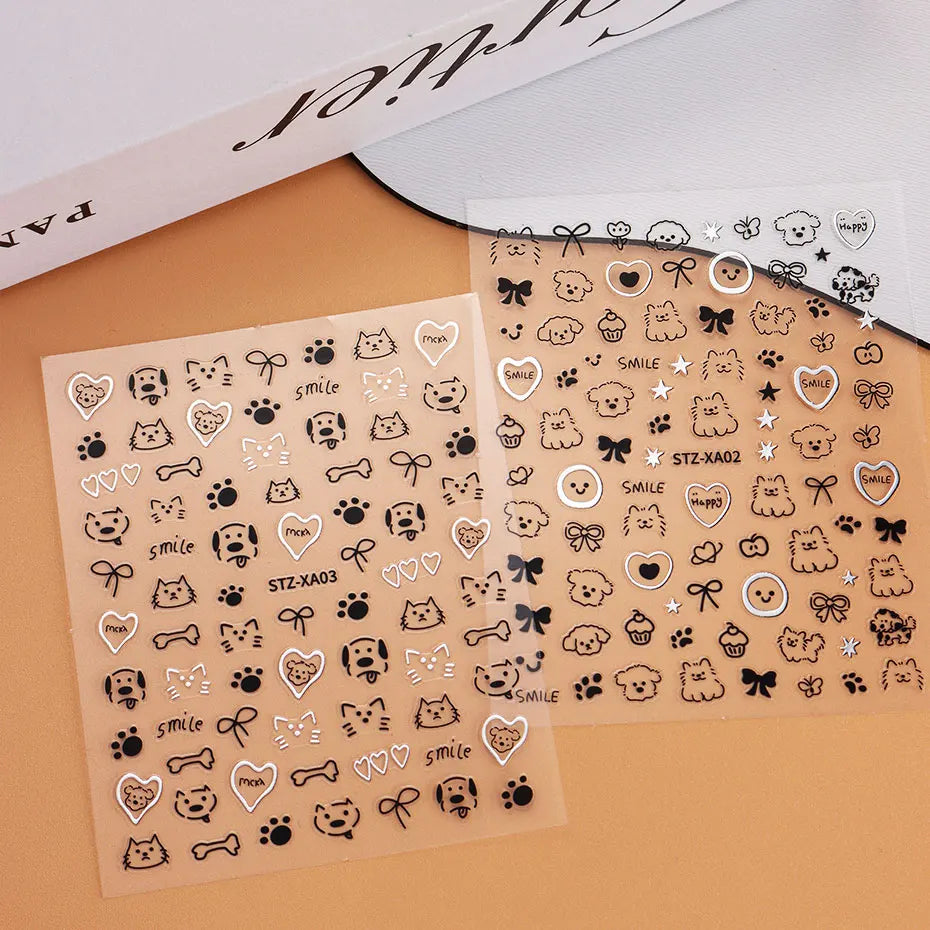 2pcs 3D Cute Silver Smile Dog Decals Y2K Cartoon Cat Footprint Nail Stickers Graffiti Star Heart Bowknot Manicure Slider Decor