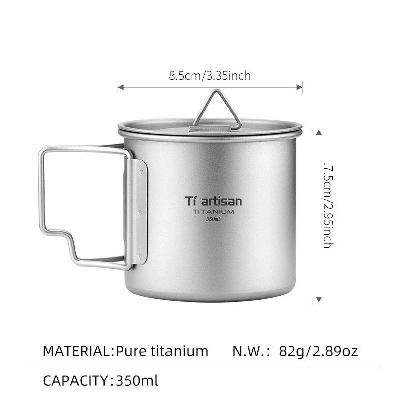 Tiartisan 350ml 750ml Tatinium Cup Hiking Tableware Fodable Handle Coffee Cups with lids Lightweight Frosted Cup Mugs