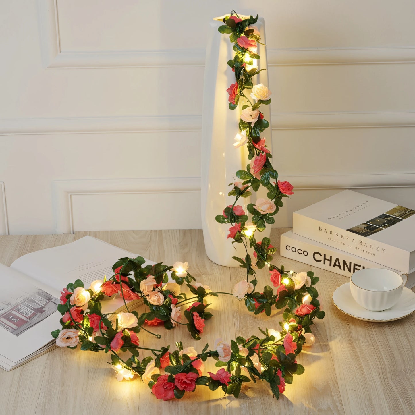 250CM Rose Vine With LED Lights Artificial Flowers Wedding Home Room Decoration Spring Autumn Garden Arch Christmas Rattan Vine