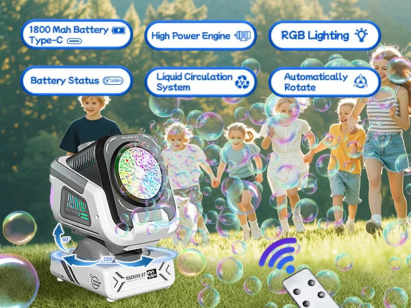 2025 Upgraded Version of the Bubble Machine with Remote Control, Automatic Rotation, and Rgb Lights, 1800Mah Rechargeable Battery, Type-C Charging, Suitable for Children, Weddings, Birthday Parties, and Outdoor Activities, Bu