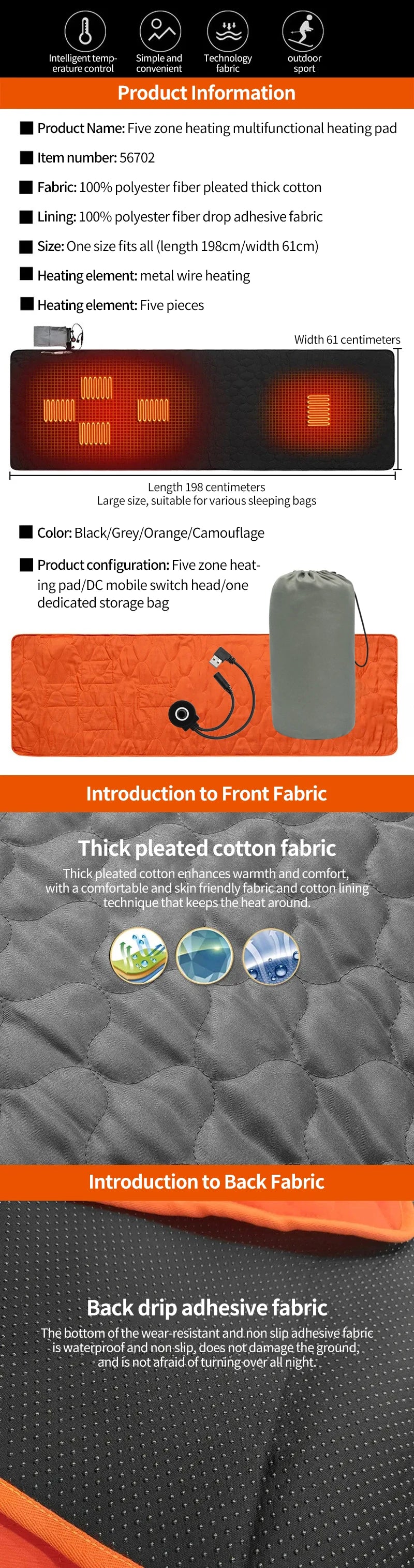 Outdoor USB Heating Sleeping Mat Outdoor Electric Heating Pads Camping Heated Sleeping Mattress Sleeping Bag Mattress