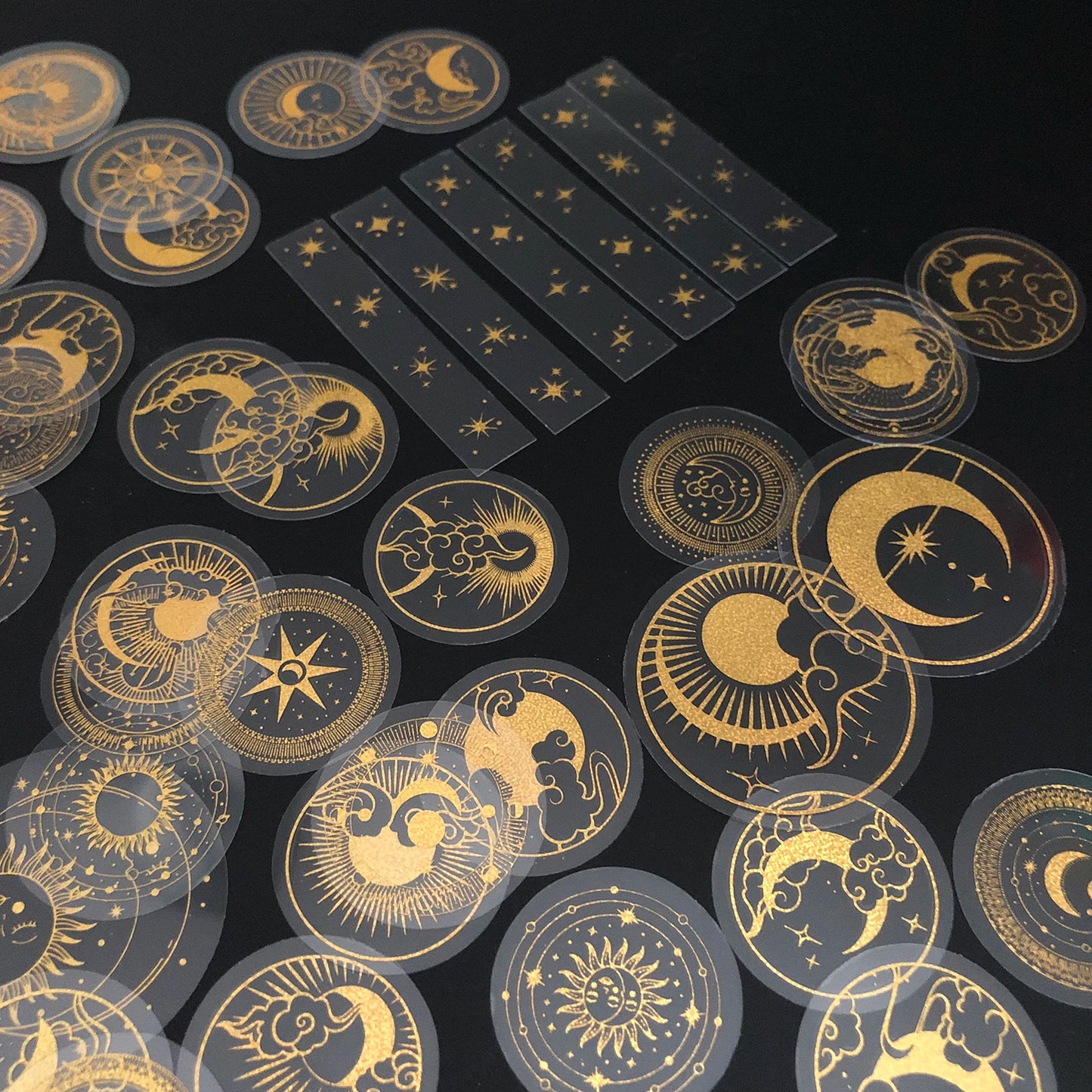 70 pcs Glitter Gold PET Adhesive Stickers Waterproof Transparent Label: SUN MOON Stars Etc