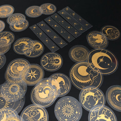 70 pcs Glitter Gold PET Adhesive Stickers Waterproof Transparent Label: SUN MOON Stars Etc