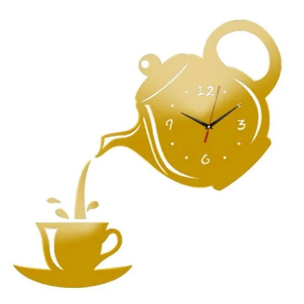 3D DIY Teapot Shape Wall Clock Acrylic Mirror Clock Modern Kitchen Home Decor Wall Sticker Hollow Digital Clock watch home clock