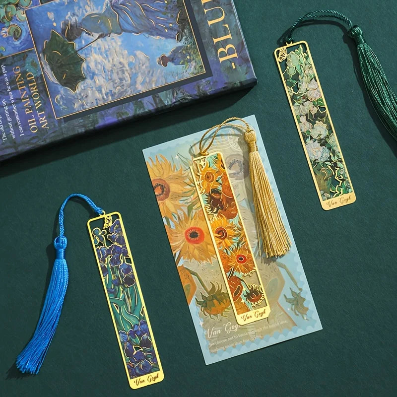 Vintage Oil Painting Metal Bookmarks - Hollow Hot Stamping Long Tassel Bookmarks - Stationery Gifts for Book Clubs, Book Lovers,