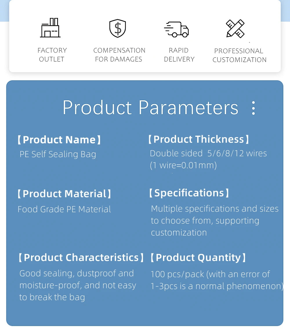 100 Pcs/Pack 5-12 Wire Self Seal Clear Plastic Poly Resealable Ziplock Bags Food Storage Fresh Package Reclosable Multi Size