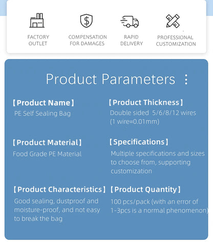 100 Pcs/Pack 5-12 Wire Self Seal Clear Plastic Poly Resealable Ziplock Bags Food Storage Fresh Package Reclosable Multi Size