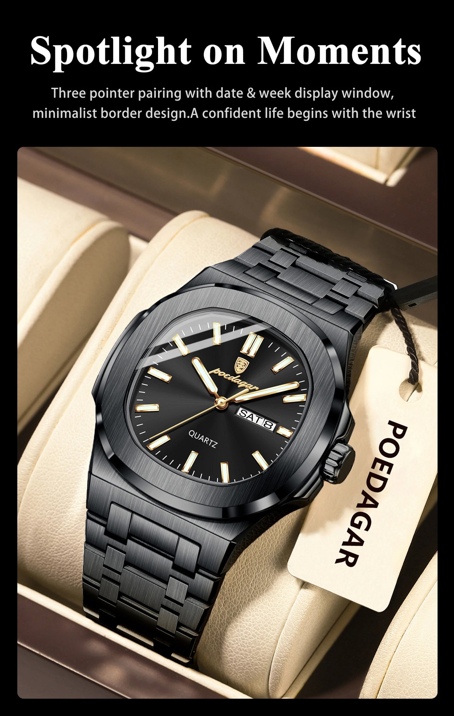 POEDAGAR Square Luxury Men's Wristwatch Luminous Waterproof Stainless Steel Male Clock Week Date Original Quartz Watches For Men
