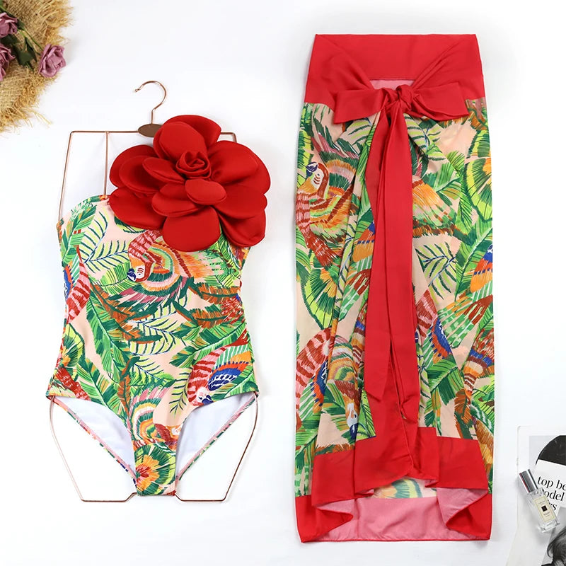 Blue One-Shoulder Ruffled Print Floral Swimsuit Set Cover Up Single Piece Micro Monokini Sexy Swimwear For Girls Summer Beach
