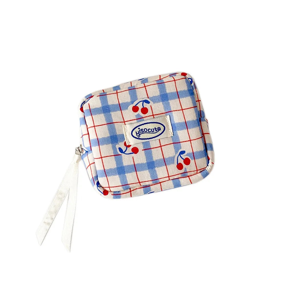 Korean version of large plaid cosmetic bag high value small cherry sanitary napkin portable mini storage bag bluetooth headset b
